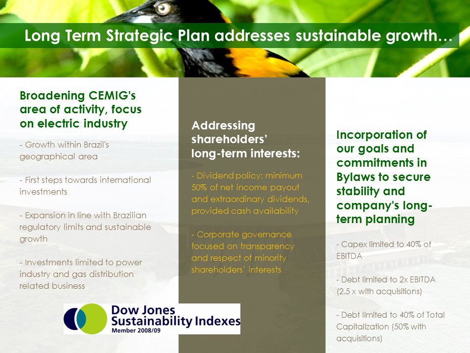 Long Term Strategic Plan addresses sustainable growth… Broadening CEMIG s area of activity, focus on electric industry - Growth within Brazil s geographical area - First steps towards international investments - Expansion in line with Brazilian regulatory limits and sustainable growth - Investments limited to power industry and gas distribution related business Addressing shareholders’ long-term interests: - Dividend policy: minimum 50% of net income payout and extraordinary dividends, provided cash availability - Corporate governance focused on transparency and respect of minority shareholders’ interests Incorporation of our goals and commitments in Bylaws to secure stability and company s long- term planning - Capex limited to 40% of EBITDA - Debt limited to 2x EBITDA (2.5 x with acquisitions) - Debt limited to 40% of Total Capitalization (50% with acquisitions)