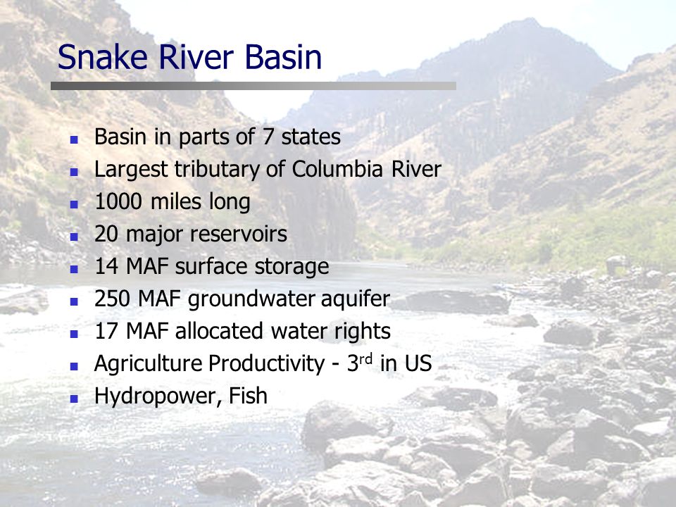 Snake River Basin Basin in parts of 7 states Largest tributary of Columbia River 1000 miles long 20 major reservoirs 14 MAF surface storage 250 MAF groundwater aquifer 17 MAF allocated water rights Agriculture Productivity - 3 rd in US Hydropower, Fish