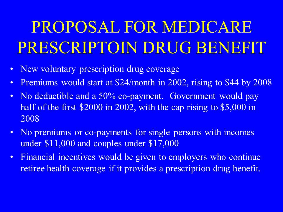 PROPOSAL FOR MEDICARE PRESCRIPTOIN DRUG BENEFIT New voluntary prescription drug coverage Premiums would start at $24/month in 2002, rising to $44 by 2008 No deductible and a 50% co-payment.