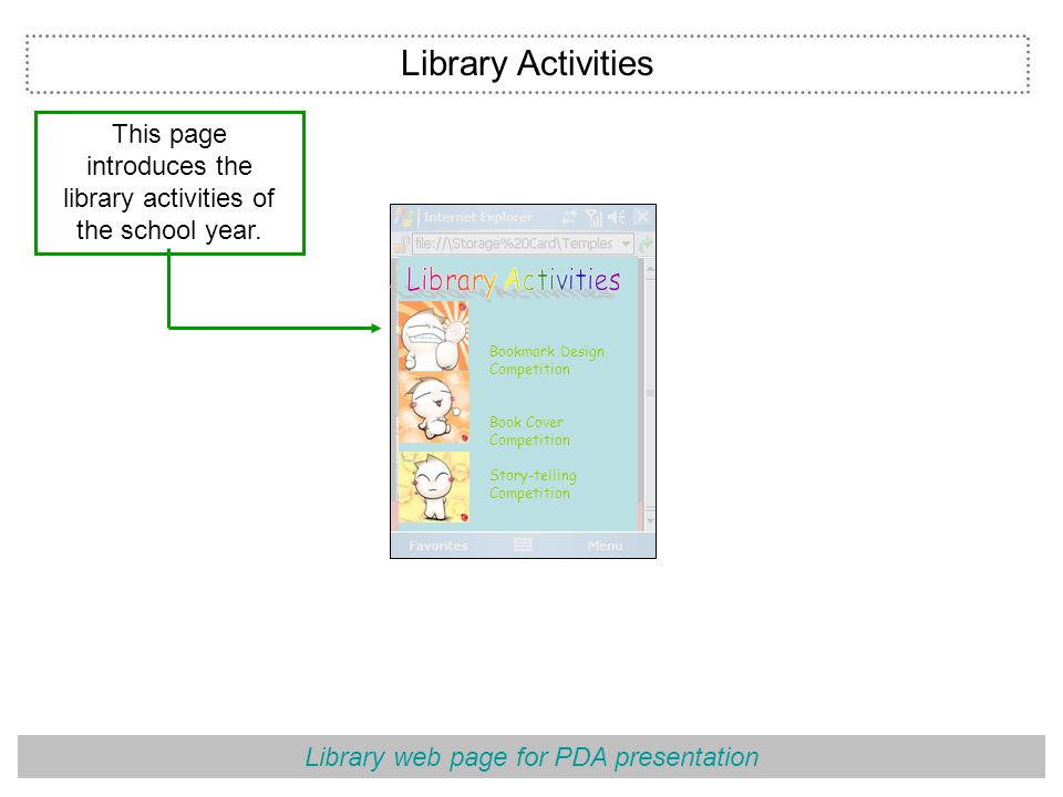 Library web page for PDA presentation This page introduces the library activities of the school year.
