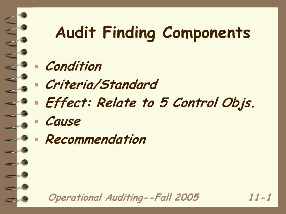 Operational Auditing--Fall Audit Finding Components  Condition  Criteria/Standard  Effect: Relate to 5 Control Objs.