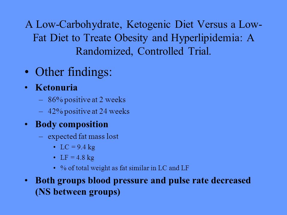 A Low-Carbohydrate, Ketogenic Diet Versus a Low- Fat Diet to Treate Obesity and Hyperlipidemia: A Randomized, Controlled Trial.