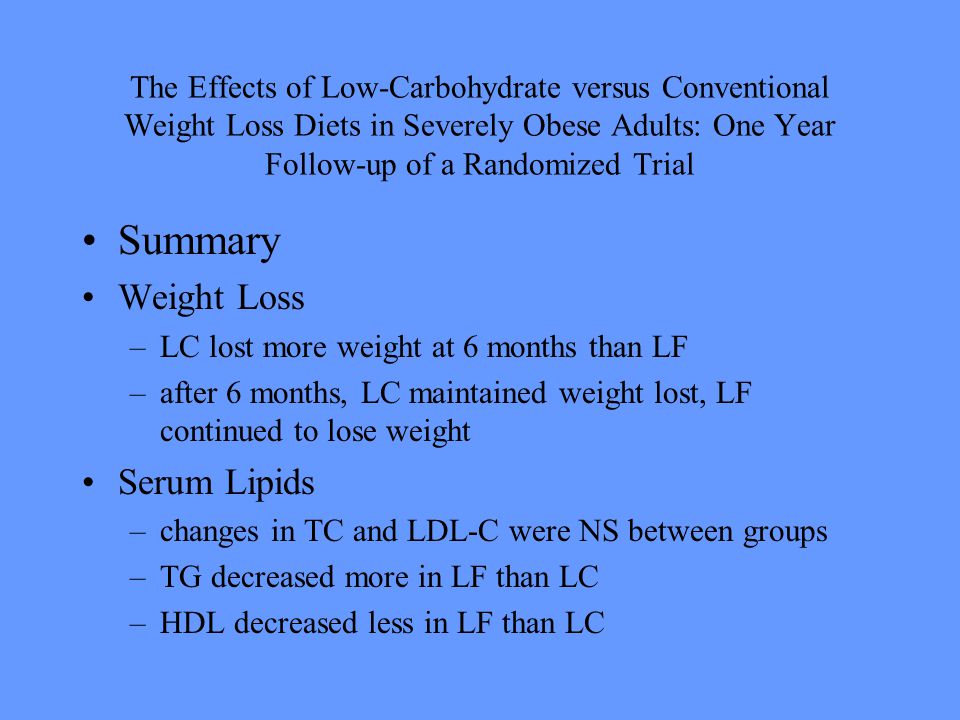 The Effects of Low-Carbohydrate versus Conventional Weight Loss Diets in Severely Obese Adults: One Year Follow-up of a Randomized Trial Summary Weight Loss –LC lost more weight at 6 months than LF –after 6 months, LC maintained weight lost, LF continued to lose weight Serum Lipids –changes in TC and LDL-C were NS between groups –TG decreased more in LF than LC –HDL decreased less in LF than LC