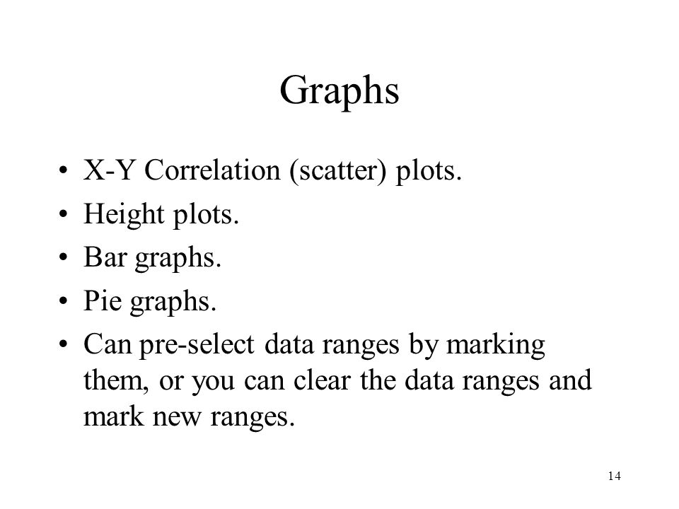 14 Graphs X-Y Correlation (scatter) plots. Height plots.