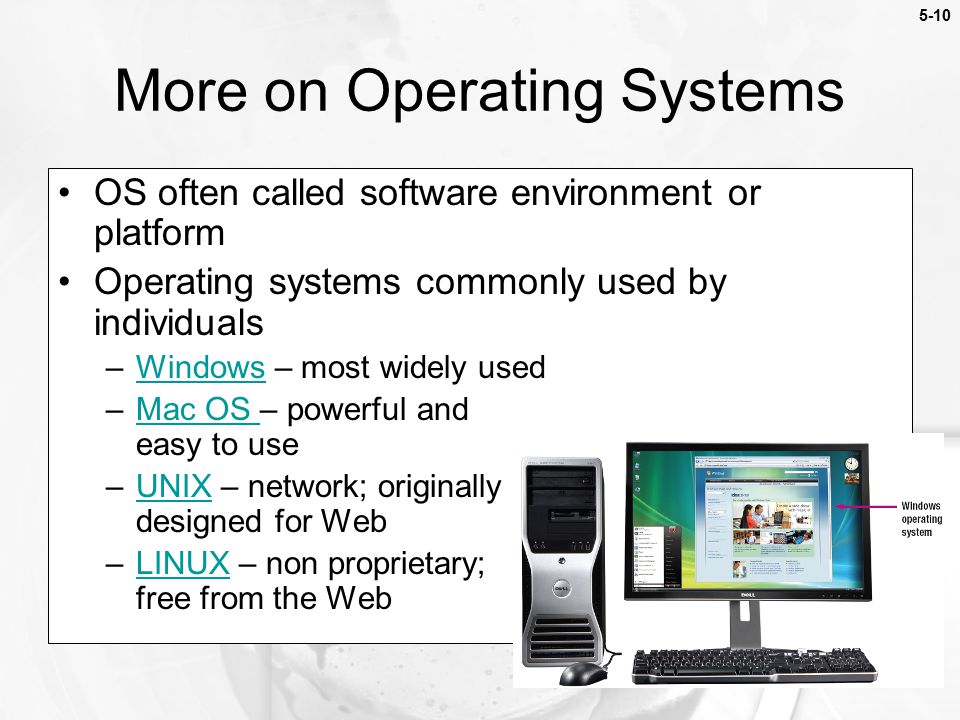 5-10 OS often called software environment or platform Operating systems commonly used by individuals –Windows – most widely usedWindows –Mac OS – powerful and easy to useMac OS –UNIX – network; originally designed for WebUNIX –LINUX – non proprietary; free from the WebLINUX More on Operating Systems