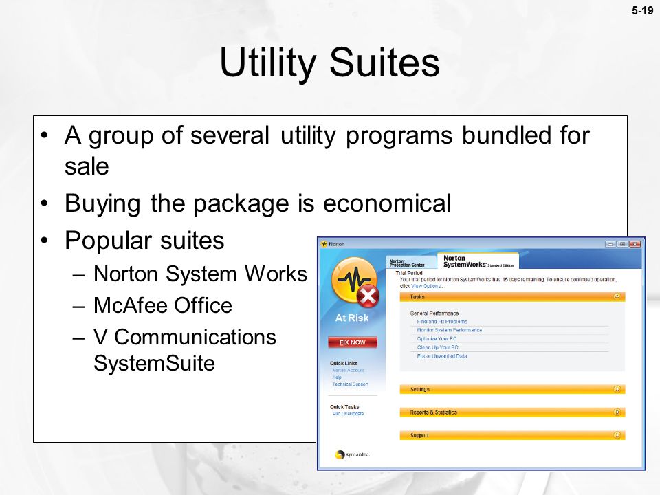 5-19 A group of several utility programs bundled for sale Buying the package is economical Popular suites –Norton System Works –McAfee Office –V Communications SystemSuite Utility Suites