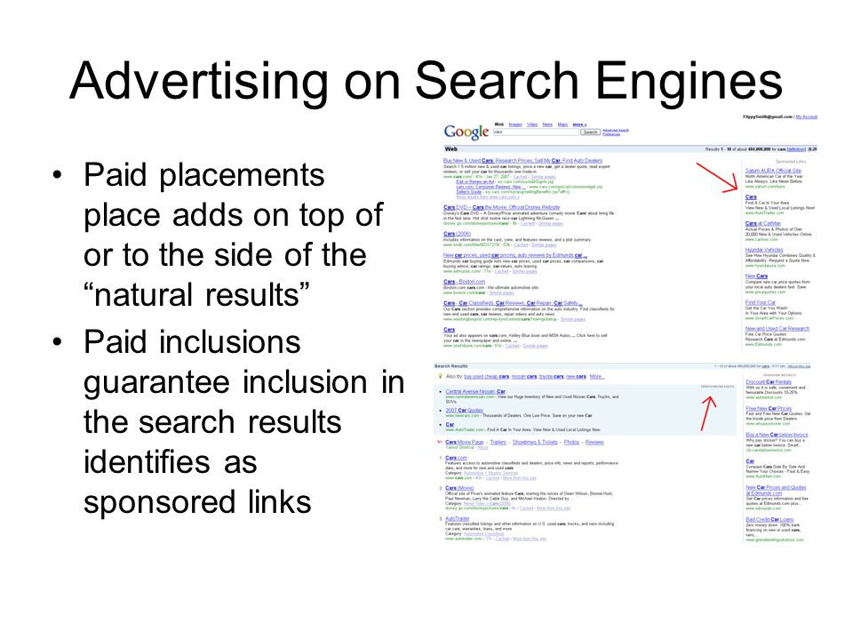 Advertising on Search Engines Paid placements place adds on top of or to the side of the natural results Paid inclusions guarantee inclusion in the search results identifies as sponsored links