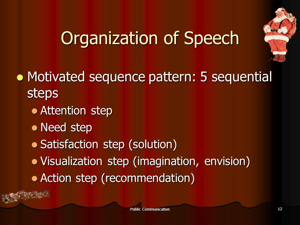 Public Communication 12 Organization of Speech Motivated sequence pattern: 5 sequential steps Motivated sequence pattern: 5 sequential steps Attention step Attention step Need step Need step Satisfaction step (solution) Satisfaction step (solution) Visualization step (imagination, envision) Visualization step (imagination, envision) Action step (recommendation) Action step (recommendation)