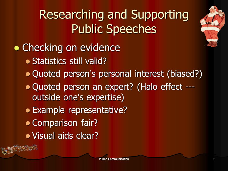 Public Communication 9 Researching and Supporting Public Speeches Checking on evidence Checking on evidence Statistics still valid.