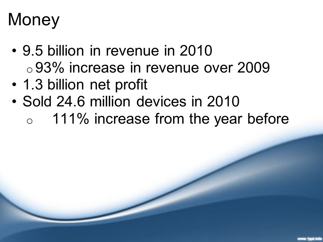 Money 9.5 billion in revenue in 2010 o 93% increase in revenue over billion net profit Sold 24.6 million devices in 2010 o 111% increase from the year before