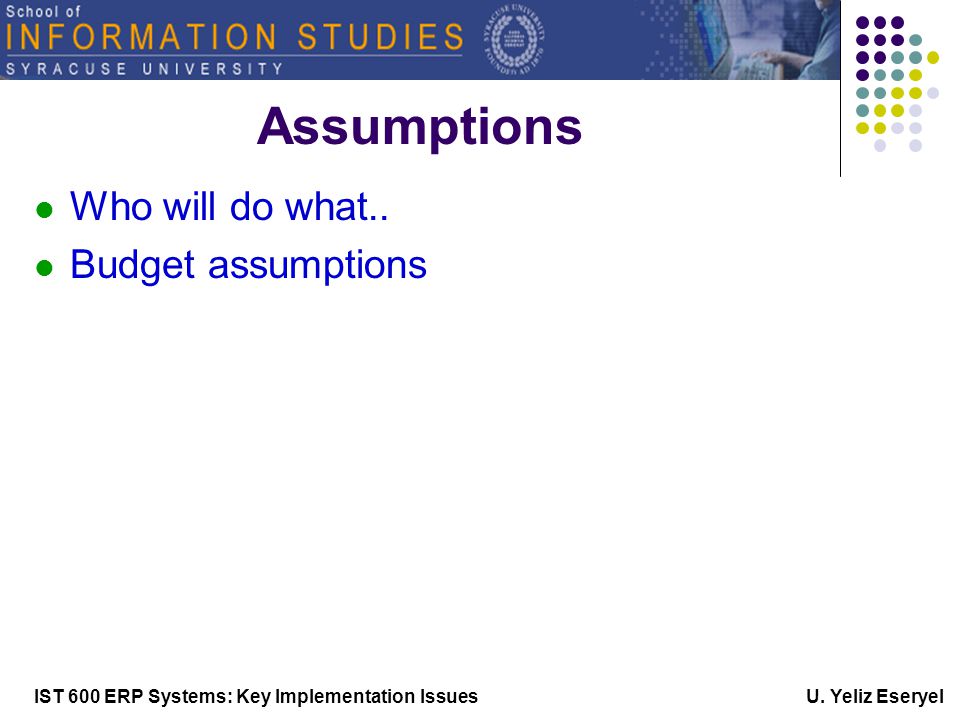 IST 600 ERP Systems: Key Implementation Issues U. Yeliz Eseryel Assumptions Who will do what..