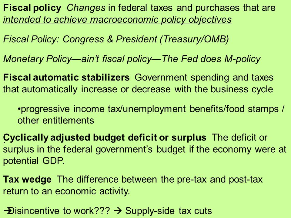 Fiscal policy Changes in federal taxes and purchases that are intended to achieve macroeconomic policy objectives Fiscal Policy: Congress & President (Treasury/OMB) Monetary Policy—ain’t fiscal policy—The Fed does M-policy Fiscal automatic stabilizers Government spending and taxes that automatically increase or decrease with the business cycle progressive income tax/unemployment benefits/food stamps / other entitlements.