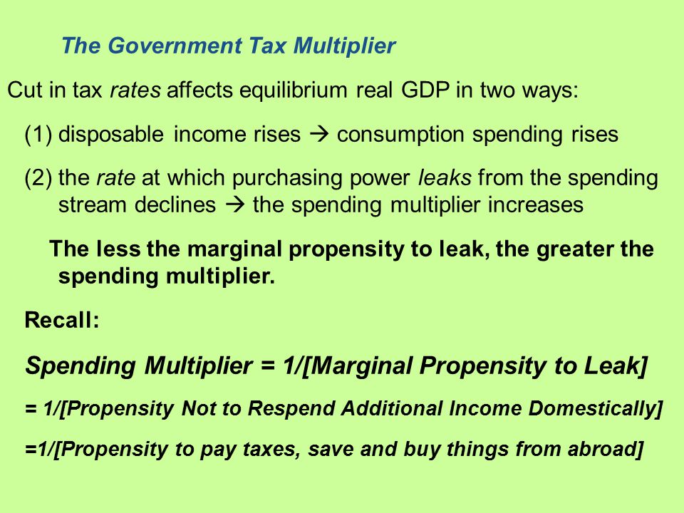 The Government Tax Multiplier Cut in tax rates affects equilibrium real GDP in two ways: (1)disposable income rises  consumption spending rises (2)the rate at which purchasing power leaks from the spending stream declines  the spending multiplier increases The less the marginal propensity to leak, the greater the spending multiplier.