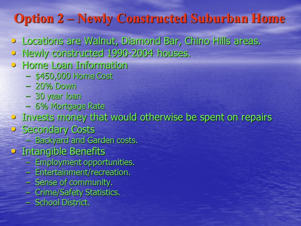 Option 2 – Newly Constructed Suburban Home Locations are Walnut, Diamond Bar, Chino Hills areas.