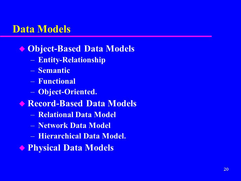 20 Data Models u Object-Based Data Models –Entity-Relationship –Semantic –Functional –Object-Oriented.