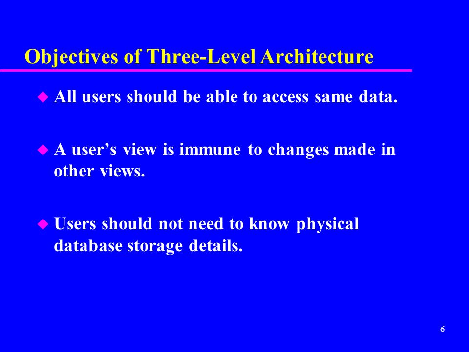 6 Objectives of Three-Level Architecture u All users should be able to access same data.
