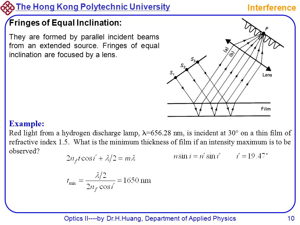 The Hong Kong Polytechnic University Optics II----by Dr.H.Huang, Department of Applied Physics10 Interference Fringes of Equal Inclination: They are formed by parallel incident beams from an extended source.