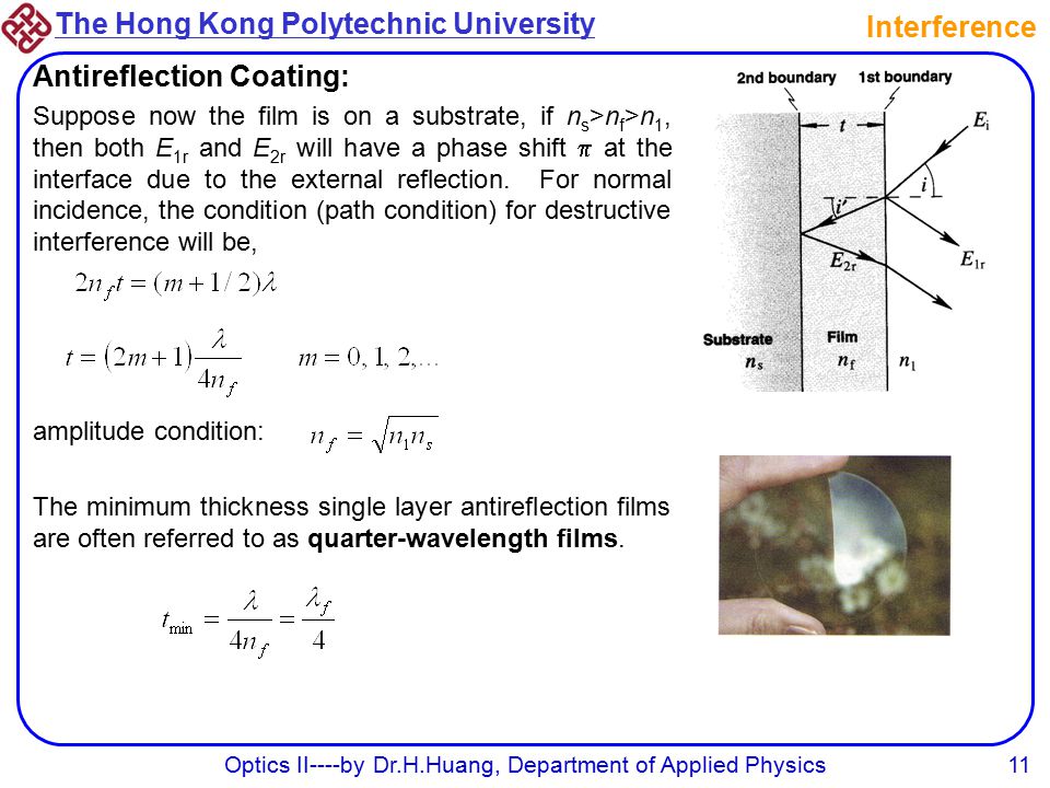 The Hong Kong Polytechnic University Optics II----by Dr.H.Huang, Department of Applied Physics11 Interference Antireflection Coating: Suppose now the film is on a substrate, if n s >n f >n 1, then both E 1r and E 2r will have a phase shift  at the interface due to the external reflection.