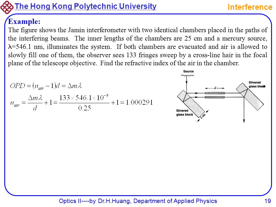 The Hong Kong Polytechnic University Optics II----by Dr.H.Huang, Department of Applied Physics19 Interference Example: The figure shows the Jamin interferometer with two identical chambers placed in the paths of the interfering beams.