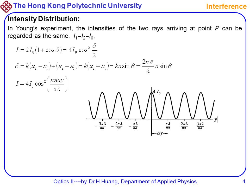 The Hong Kong Polytechnic University Optics II----by Dr.H.Huang, Department of Applied Physics4 Interference Intensity Distribution: In Young’s experiment, the intensities of the two rays arriving at point P can be regarded as the same.