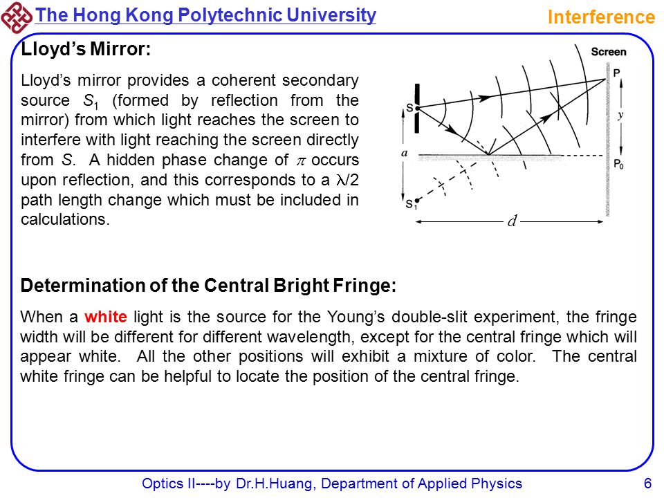 The Hong Kong Polytechnic University Optics II----by Dr.H.Huang, Department of Applied Physics6 Interference Lloyd’s Mirror: Lloyd’s mirror provides a coherent secondary source S 1 (formed by reflection from the mirror) from which light reaches the screen to interfere with light reaching the screen directly from S.