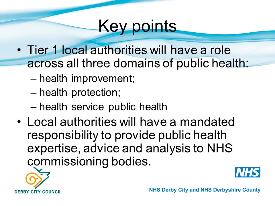 Key points Tier 1 local authorities will have a role across all three domains of public health: –health improvement; –health protection; –health service public health Local authorities will have a mandated responsibility to provide public health expertise, advice and analysis to NHS commissioning bodies.