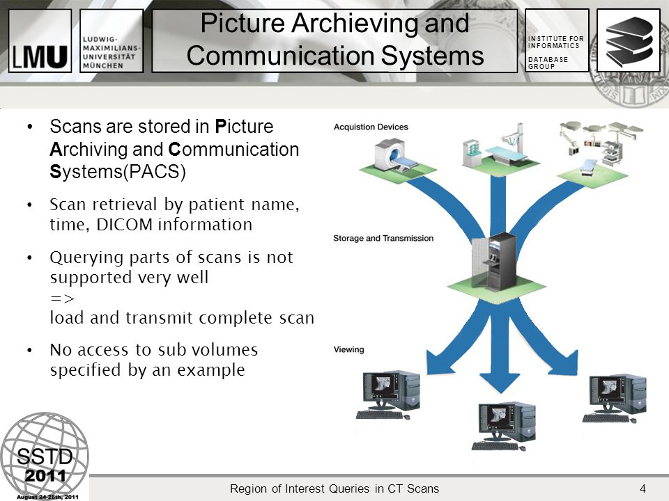 INSTITUTE FOR INFORMATICS DATABASE GROUP Region of Interest Queries in CT Scans 4 Picture Archieving and Communication Systems Scans are stored in Picture Archiving and Communication Systems(PACS) Scan retrieval by patient name, time, DICOM information Querying parts of scans is not supported very well => load and transmit complete scan No access to sub volumes specified by an example