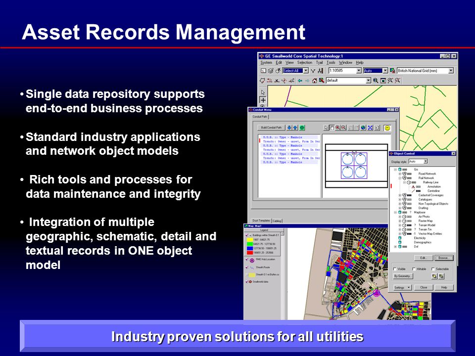 Asset Records Management Single data repository supports end-to-end business processes Standard industry applications and network object models Rich tools and processes for data maintenance and integrity Integration of multiple geographic, schematic, detail and textual records in ONE object model Industry proven solutions for all utilities