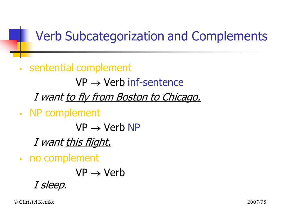 2007/08  Christel Kemke Verb Subcategorization and Complements  sentential complement VP  Verb inf-sentence I want to fly from Boston to Chicago.