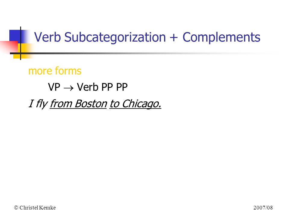 2007/08  Christel Kemke Verb Subcategorization + Complements more forms VP  Verb PP PP I fly from Boston to Chicago.
