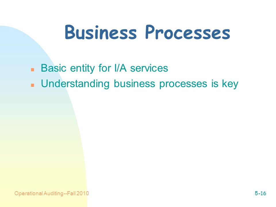 Operational Auditing--Fall Business Processes n Basic entity for I/A services n Understanding business processes is key