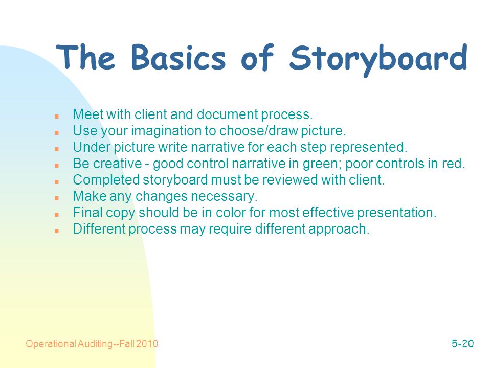 Operational Auditing--Fall The Basics of Storyboard n Meet with client and document process.