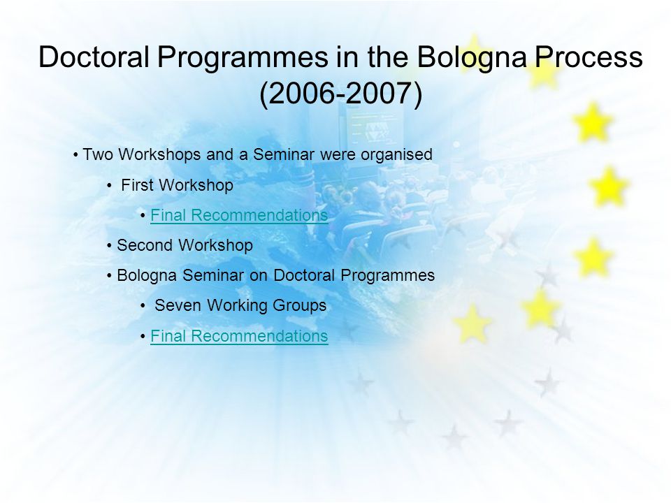 Doctoral Programmes in the Bologna Process ( ) Two Workshops and a Seminar were organised First Workshop Final Recommendations Second Workshop Bologna Seminar on Doctoral Programmes Seven Working Groups Final Recommendations