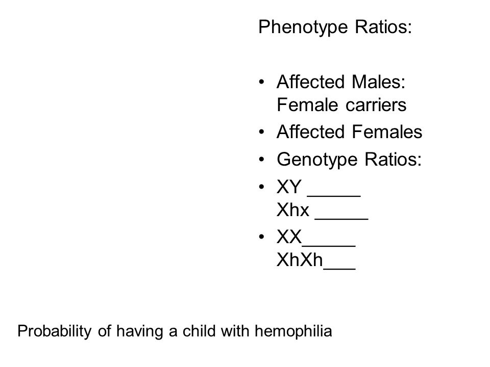 Phenotype Ratios: Affected Males: Female carriers Affected Females Genotype Ratios: XY _____ Xhx _____ XX_____ XhXh___ Probability of having a child with hemophilia