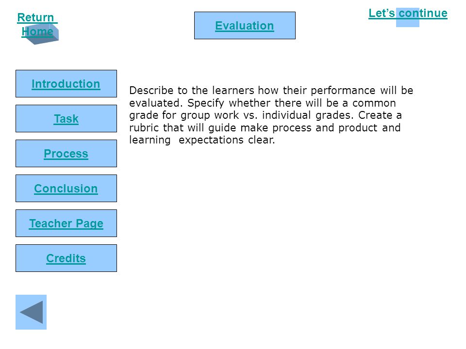 Let’s continue Return Home Introduction Task Process Conclusion Evaluation Teacher Page Credits Describe to the learners how their performance will be evaluated.