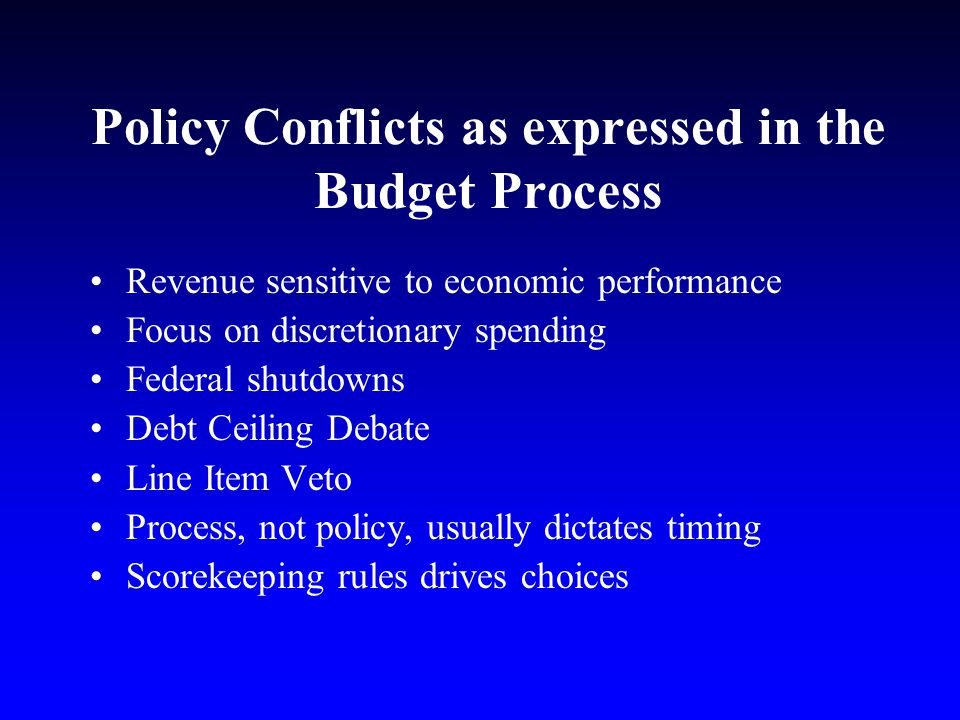 Policy Conflicts as expressed in the Budget Process Revenue sensitive to economic performance Focus on discretionary spending Federal shutdowns Debt Ceiling Debate Line Item Veto Process, not policy, usually dictates timing Scorekeeping rules drives choices