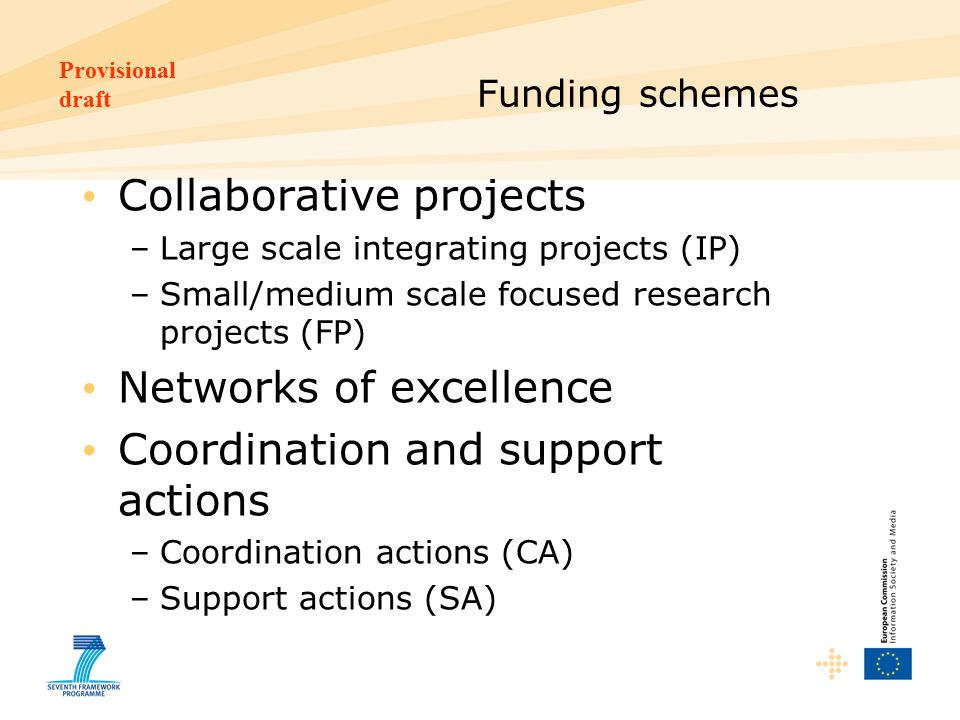 Provisional draft Funding schemes Collaborative projects –Large scale integrating projects (IP) –Small/medium scale focused research projects (FP) Networks of excellence Coordination and support actions –Coordination actions (CA) –Support actions (SA)