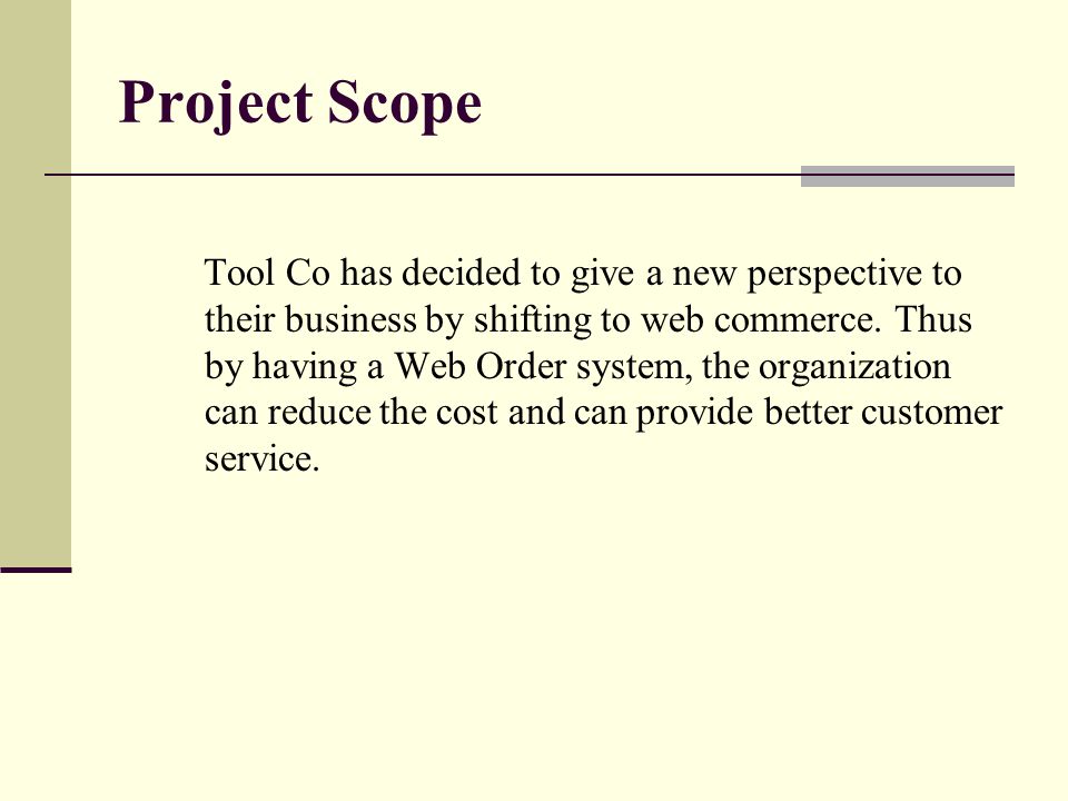 Project Scope Tool Co has decided to give a new perspective to their business by shifting to web commerce.