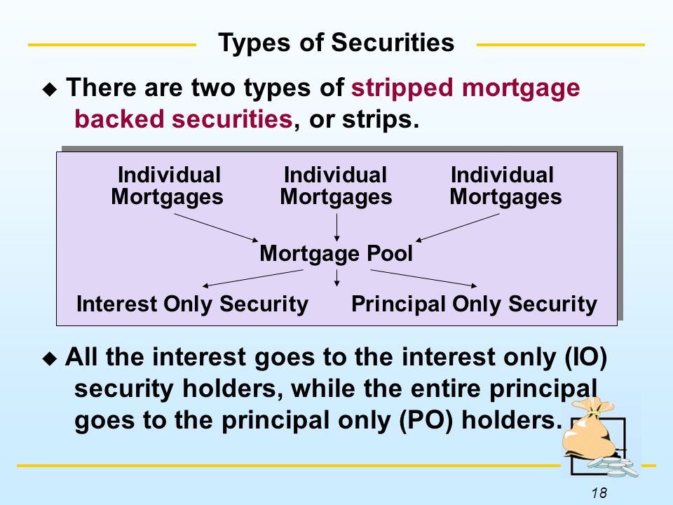 18 Types of Securities  There are two types of stripped mortgage backed securities, or strips.