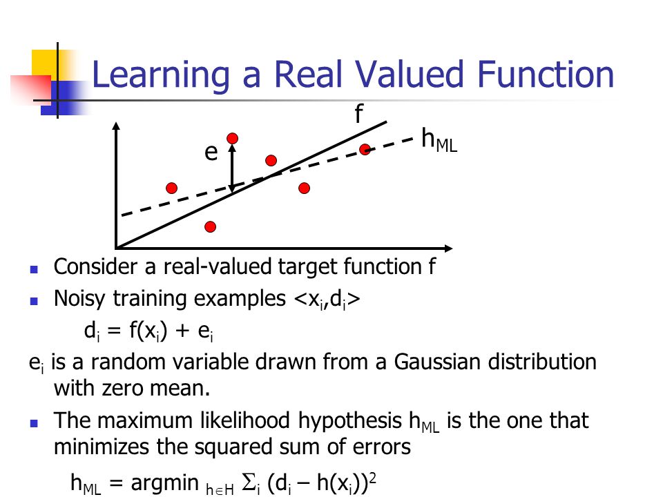 Learning a Real Valued Function Consider a real-valued target function f Noisy training examples d i = f(x i ) + e i e i is a random variable drawn from a Gaussian distribution with zero mean.