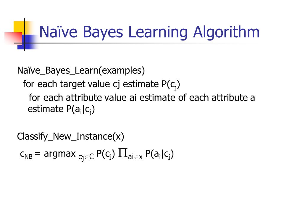 Naïve Bayes Learning Algorithm Naïve_Bayes_Learn(examples) for each target value cj estimate P(c j ) for each attribute value ai estimate of each attribute a estimate P(a i |c j ) Classify_New_Instance(x) c NB = argmax c j  C P(c j )  ai  x P(a i |c j )
