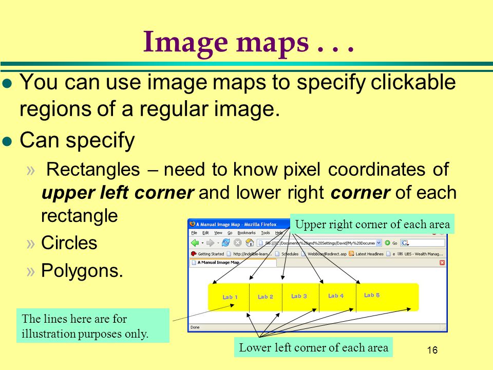16 Image maps... l You can use image maps to specify clickable regions of a regular image.