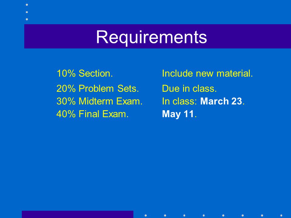 Requirements 10% Section. Include new material. 20% Problem Sets.