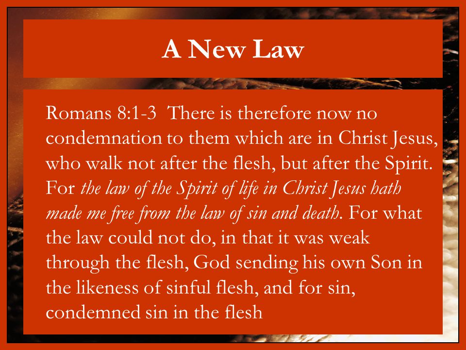 A New Law Romans 8:1-3 There is therefore now no condemnation to them which are in Christ Jesus, who walk not after the flesh, but after the Spirit.