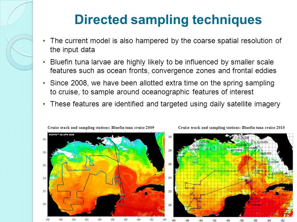The current model is also hampered by the coarse spatial resolution of the input data Bluefin tuna larvae are highly likely to be influenced by smaller scale features such as ocean fronts, convergence zones and frontal eddies Since 2008, we have been allotted extra time on the spring sampling to cruise, to sample around oceanographic features of interest These features are identified and targeted using daily satellite imagery Cruise track and sampling stations: Bluefin tuna cruise 2009 Directed sampling techniques Cruise track and sampling stations: Bluefin tuna cruise 2010