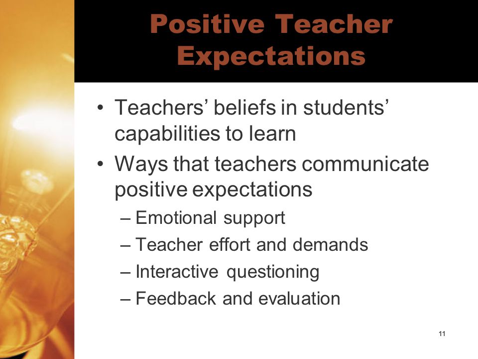11 Positive Teacher Expectations Teachers’ beliefs in students’ capabilities to learn Ways that teachers communicate positive expectations –Emotional support –Teacher effort and demands –Interactive questioning –Feedback and evaluation