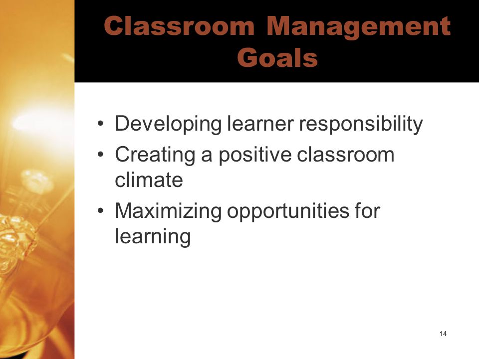 14 Classroom Management Goals Developing learner responsibility Creating a positive classroom climate Maximizing opportunities for learning