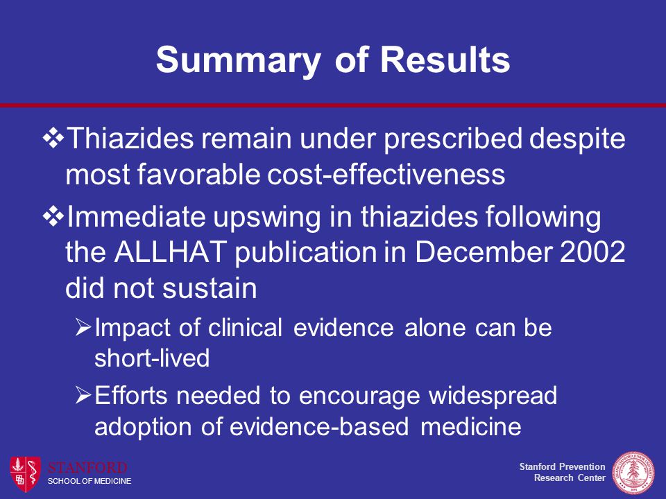 Stanford Prevention Research Center STANFORD SCHOOL OF MEDICINE Summary of Results  Thiazides remain under prescribed despite most favorable cost-effectiveness  Immediate upswing in thiazides following the ALLHAT publication in December 2002 did not sustain  Impact of clinical evidence alone can be short-lived  Efforts needed to encourage widespread adoption of evidence-based medicine