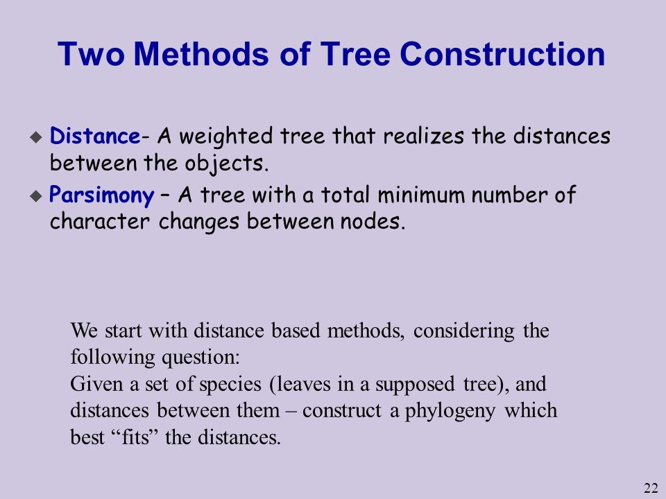 22 Two Methods of Tree Construction u Distance- A weighted tree that realizes the distances between the objects.