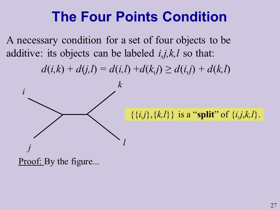 27 The Four Points Condition A necessary condition for a set of four objects to be additive: its objects can be labeled i,j,k,l so that: d(i,k) + d(j,l) = d(i,l) +d(k,j) ≥ d(i,j) + d(k,l) Proof: By the figure...